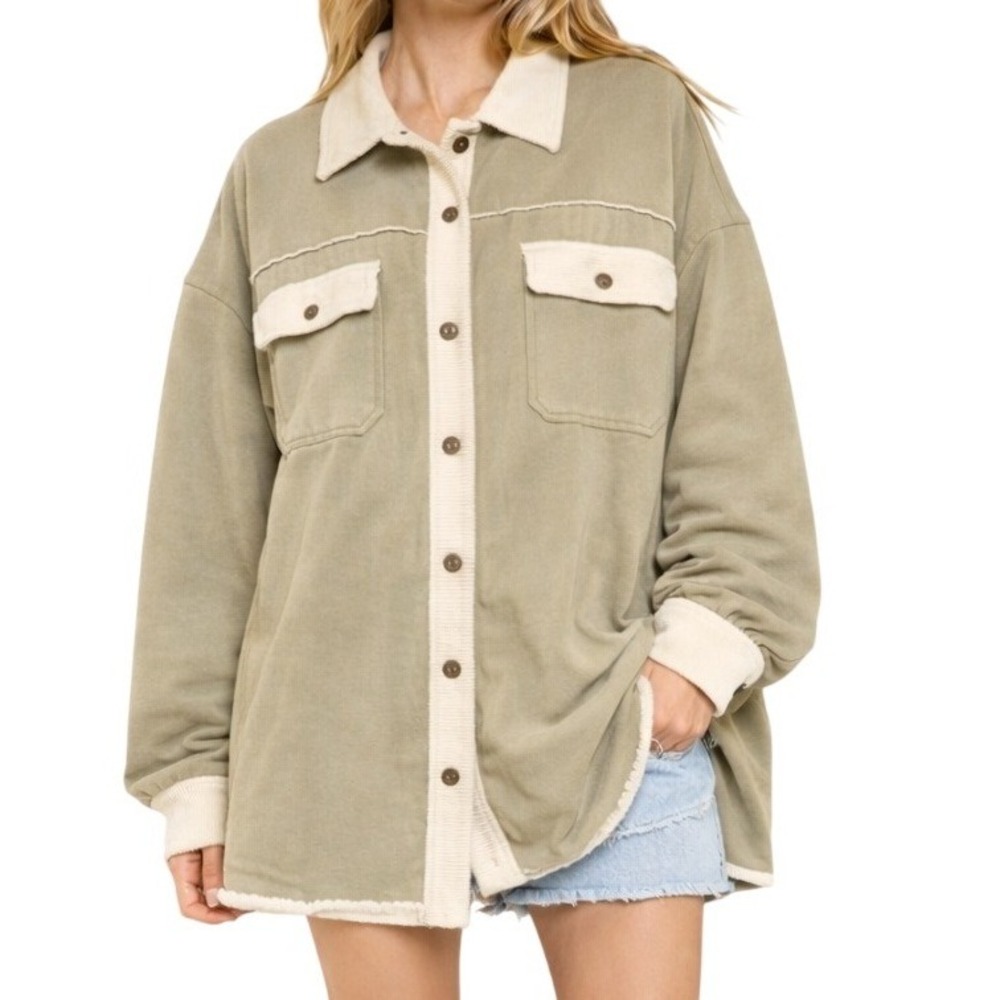 POL Womens M Cream Sage French Terry Oversized Raw Hem Shacket